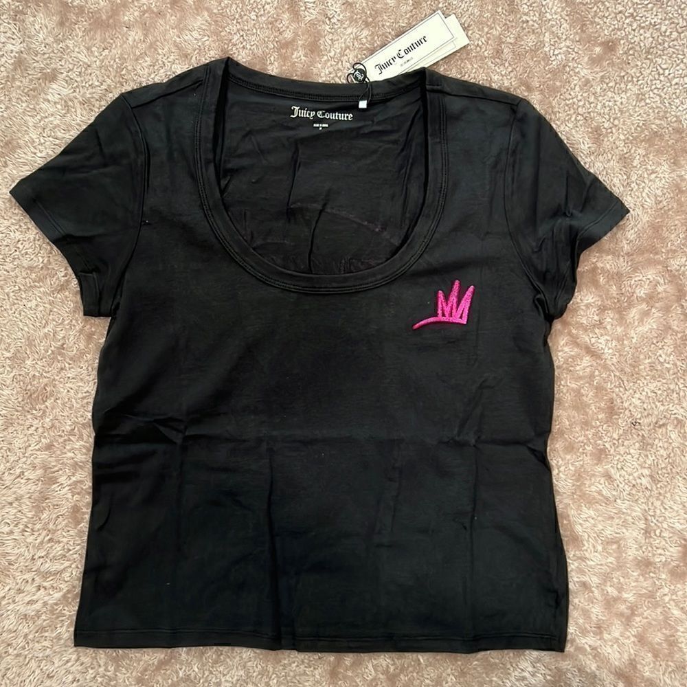 NWT Juicy Couture Black Licorice Embroidered "Stay Juicy" Logo Tee Fitted Size M